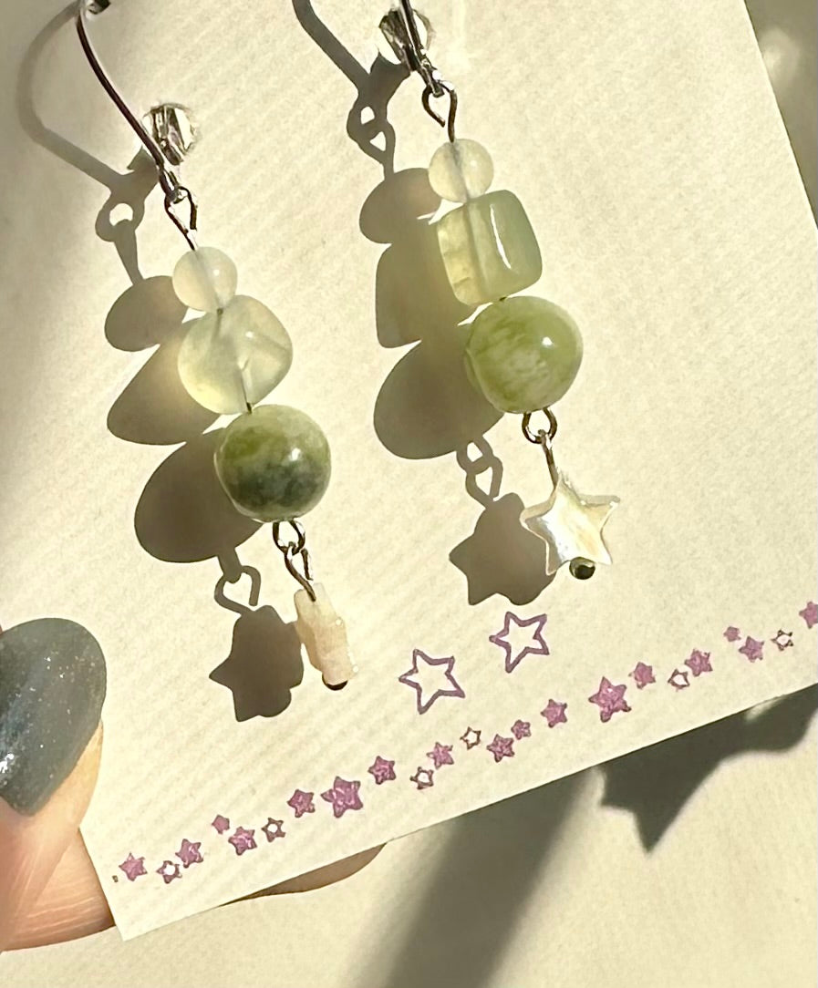 Earrings - Jade & Star Shell - Stainless Steel
