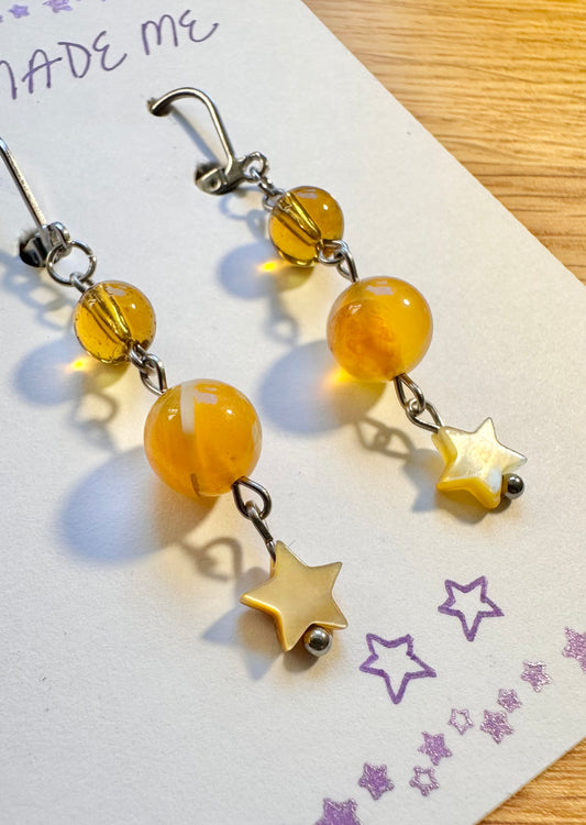 Earrings - Amber Agate & Star Shell - Stainless Steel