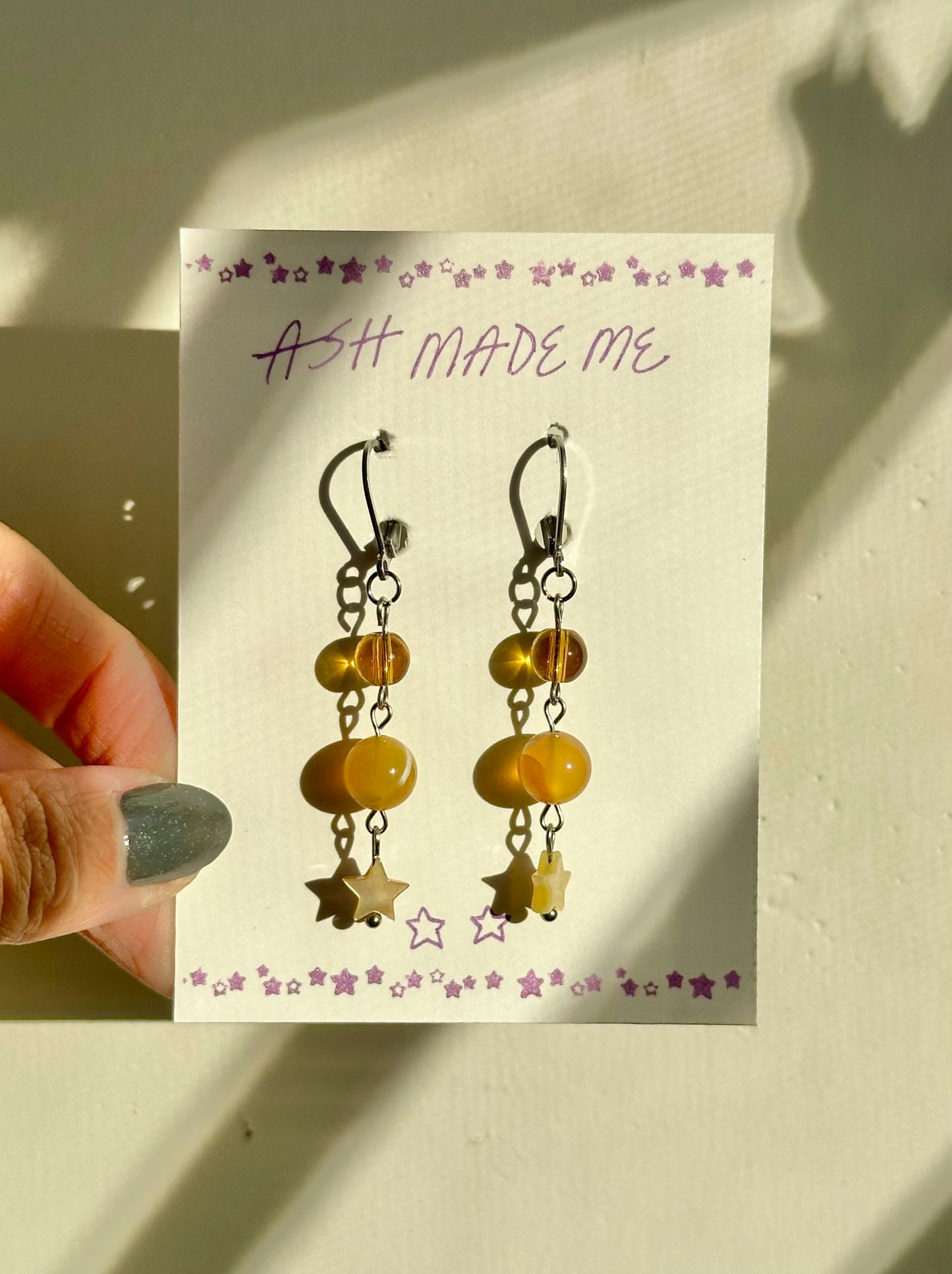 Earrings - Amber Agate & Star Shell - Stainless Steel