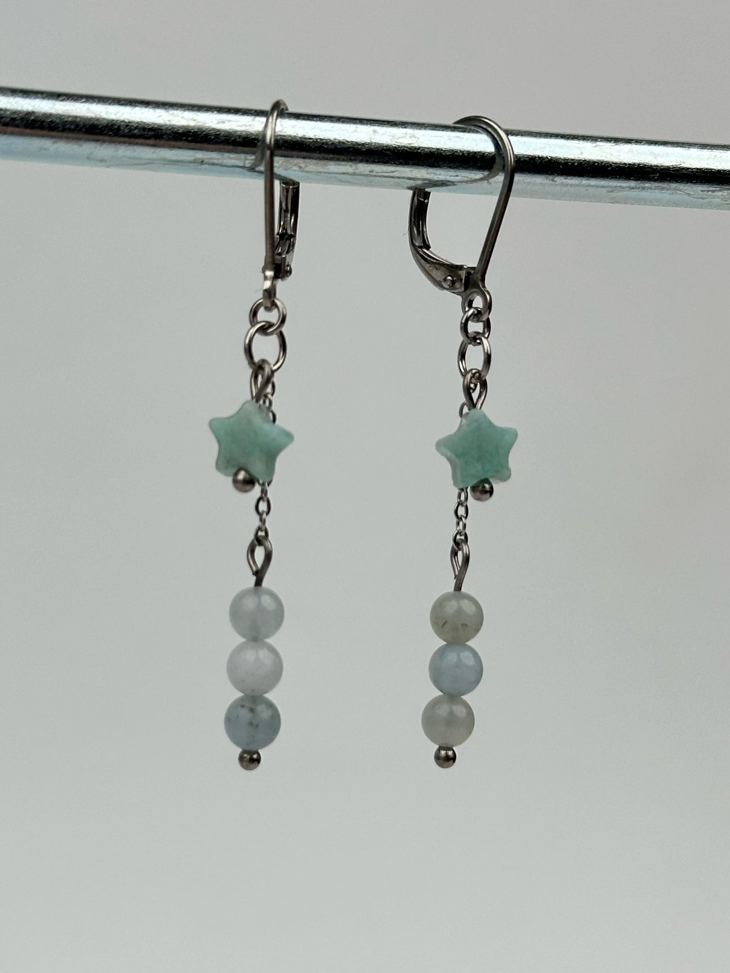 Earrings - Winter Amazonite Star & Aquamarine Dangles - Stainless Steel