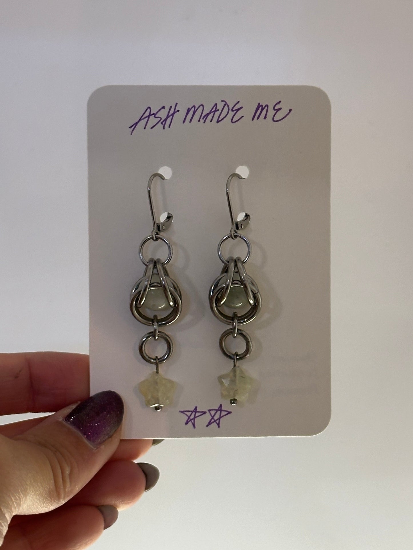 Earrings - Captive Serpentine Jade & Prehnite Stardrops