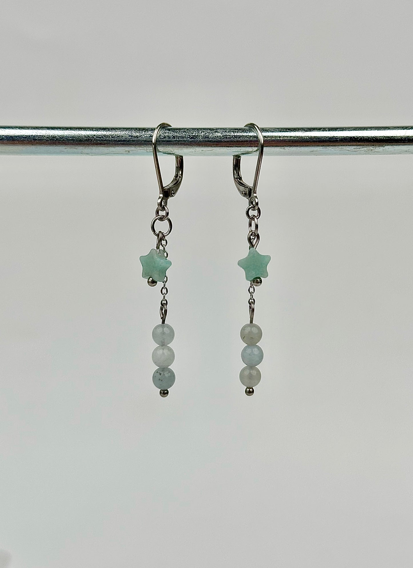 Earrings - Winter Amazonite Star & Aquamarine Dangles - Stainless Steel