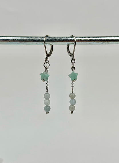 Earrings - Winter Amazonite Star & Aquamarine Dangles - Stainless Steel