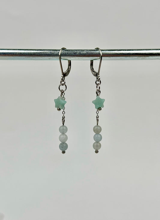 Earrings - Winter Amazonite Star & Aquamarine Dangles - Stainless Steel
